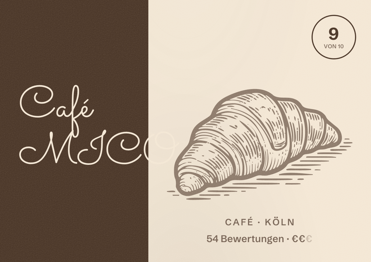 Illustriertes Poster von Café MICO, Café in Köln: Bewertung 9,0 von 10 aus 54 Bewertungen, Preisniveau €€
