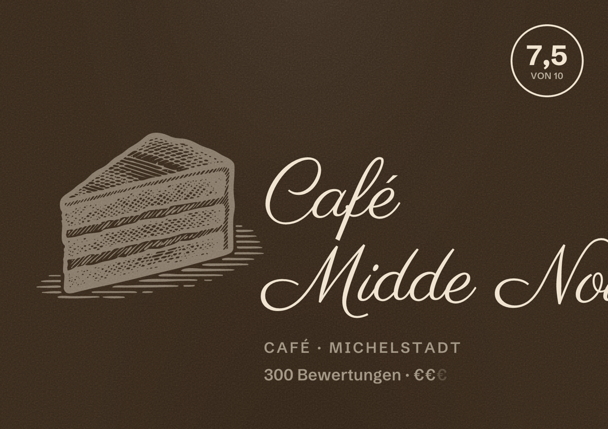 Illustriertes Poster von Café Midde Noi, Café in Michelstadt: Bewertung 7,5 von 10 aus 300 Bewertungen, Preisniveau €€