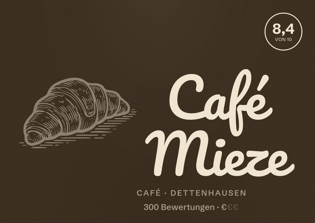 Illustriertes Poster von Café Mieze, Café in Dettenhausen: Bewertung 8,4 von 10 aus 300 Bewertungen, Preisniveau €