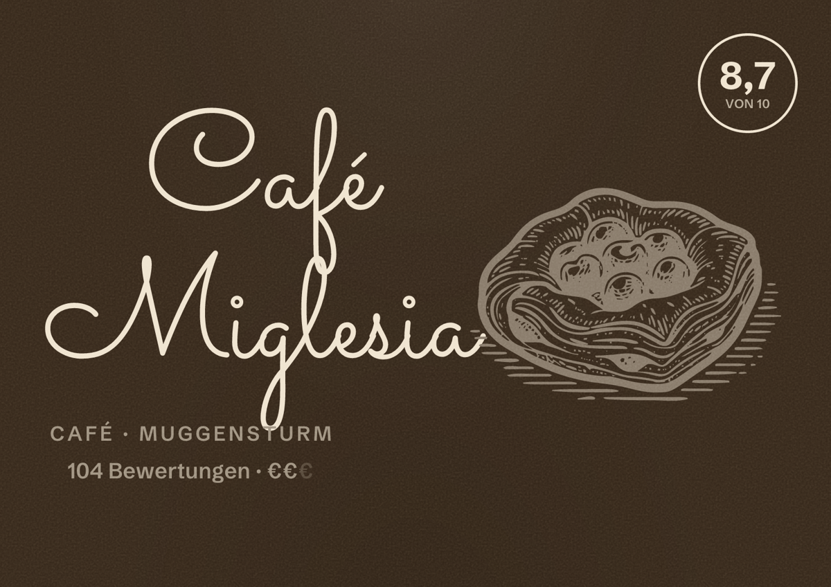 Illustriertes Poster von Café Miglesia, Café in Muggensturm: Bewertung 8,7 von 10 aus 104 Bewertungen, Preisniveau €€