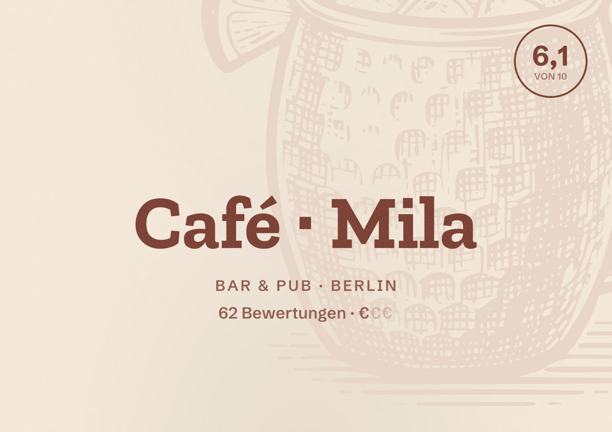 Illustriertes Poster von Café Mila, Bar & Pub in Berlin: Bewertung 6,1 von 10 aus 62 Bewertungen, Preisniveau €