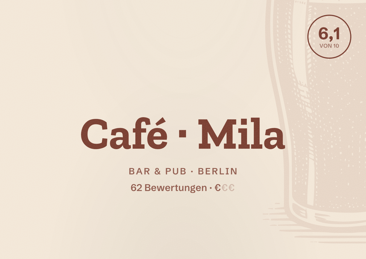 Illustriertes Poster von Café Mila, Bar & Pub in Berlin: Bewertung 6,1 von 10 aus 62 Bewertungen, Preisniveau €