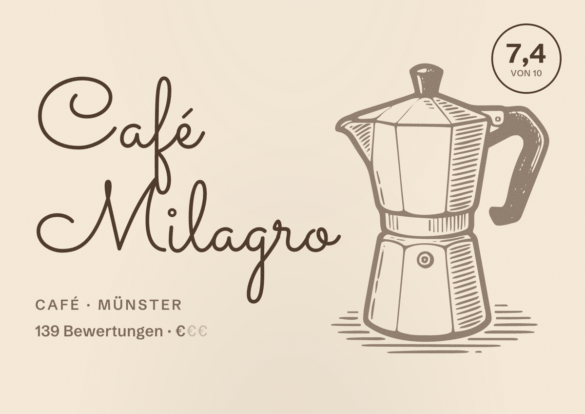 Illustriertes Poster von Café Milagro, Café in Münster: Bewertung 7,4 von 10 aus 139 Bewertungen, Preisniveau €