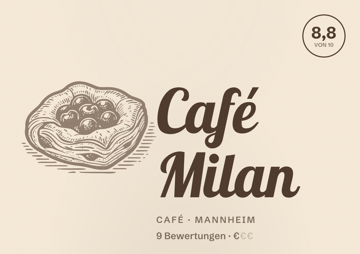 Illustriertes Poster von Café Milan, Café in Mannheim: Bewertung 8,8 von 10 aus 9 Bewertungen, Preisniveau €