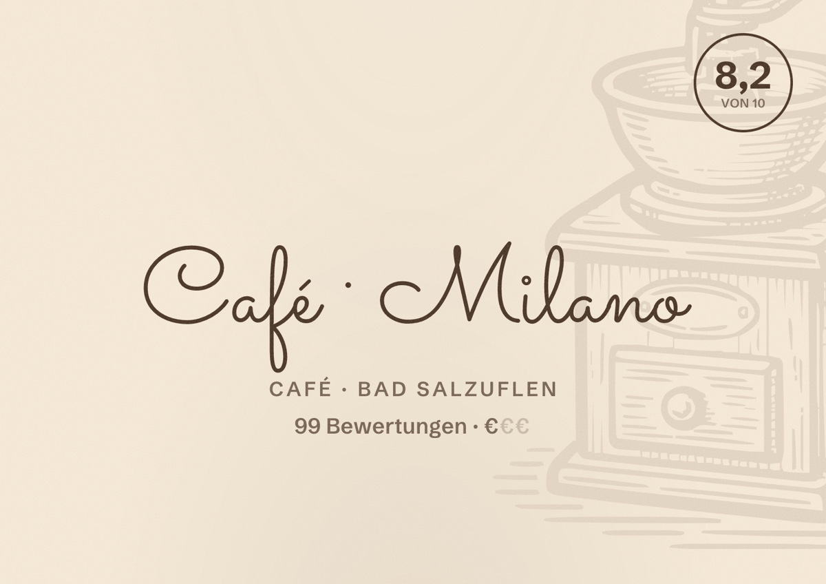 Illustriertes Poster von Café Milano, Café in Bad Salzuflen: Bewertung 8,2 von 10 aus 99 Bewertungen, Preisniveau €