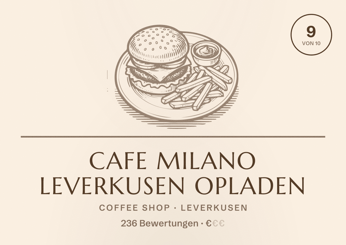 Illustriertes Poster von Cafe Milano Leverkusen Opladen, Coffee Shop in Leverkusen: Bewertung 9 von 10 aus 236 Bewertungen, Preisniveau €