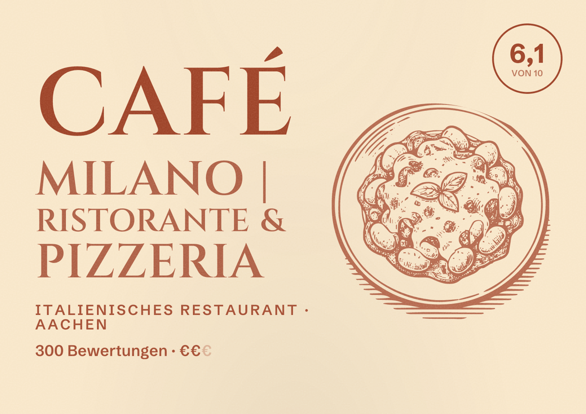 Illustriertes Poster von Café Milano | Ristorante & Pizzeria, Italienisches Restaurant in Aachen: Bewertung 6,1 von 10 aus 300 Bewertungen, Preisniveau €€