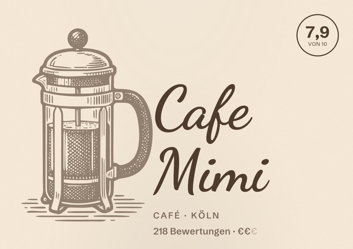 Illustriertes Poster von Cafe Mimi, Café in Köln: Bewertung 7,9 von 10 aus 218 Bewertungen, Preisniveau €€