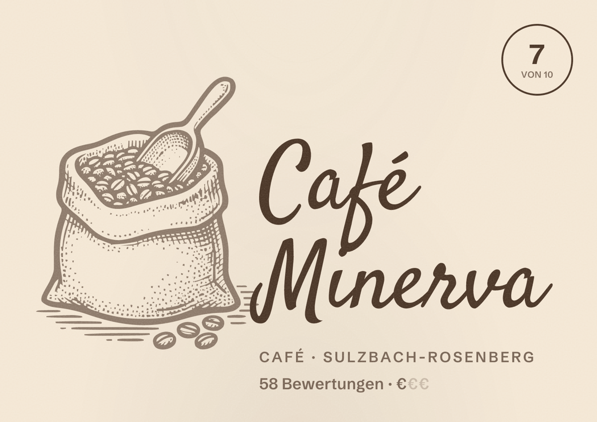 Illustriertes Poster von Café Minerva, Café in Sulzbach-Rosenberg: Bewertung 7 von 10 aus 58 Bewertungen, Preisniveau €