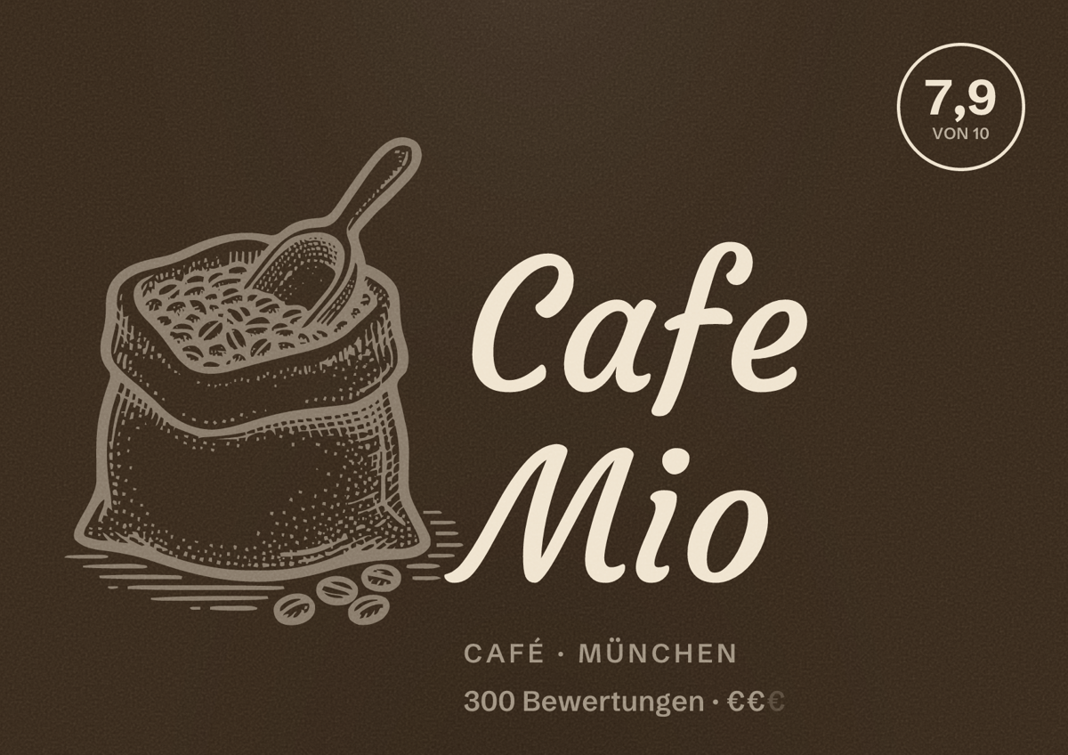 Illustriertes Poster von Cafe Mio, Café in München: Bewertung 7,9 von 10 aus 300 Bewertungen, Preisniveau €€