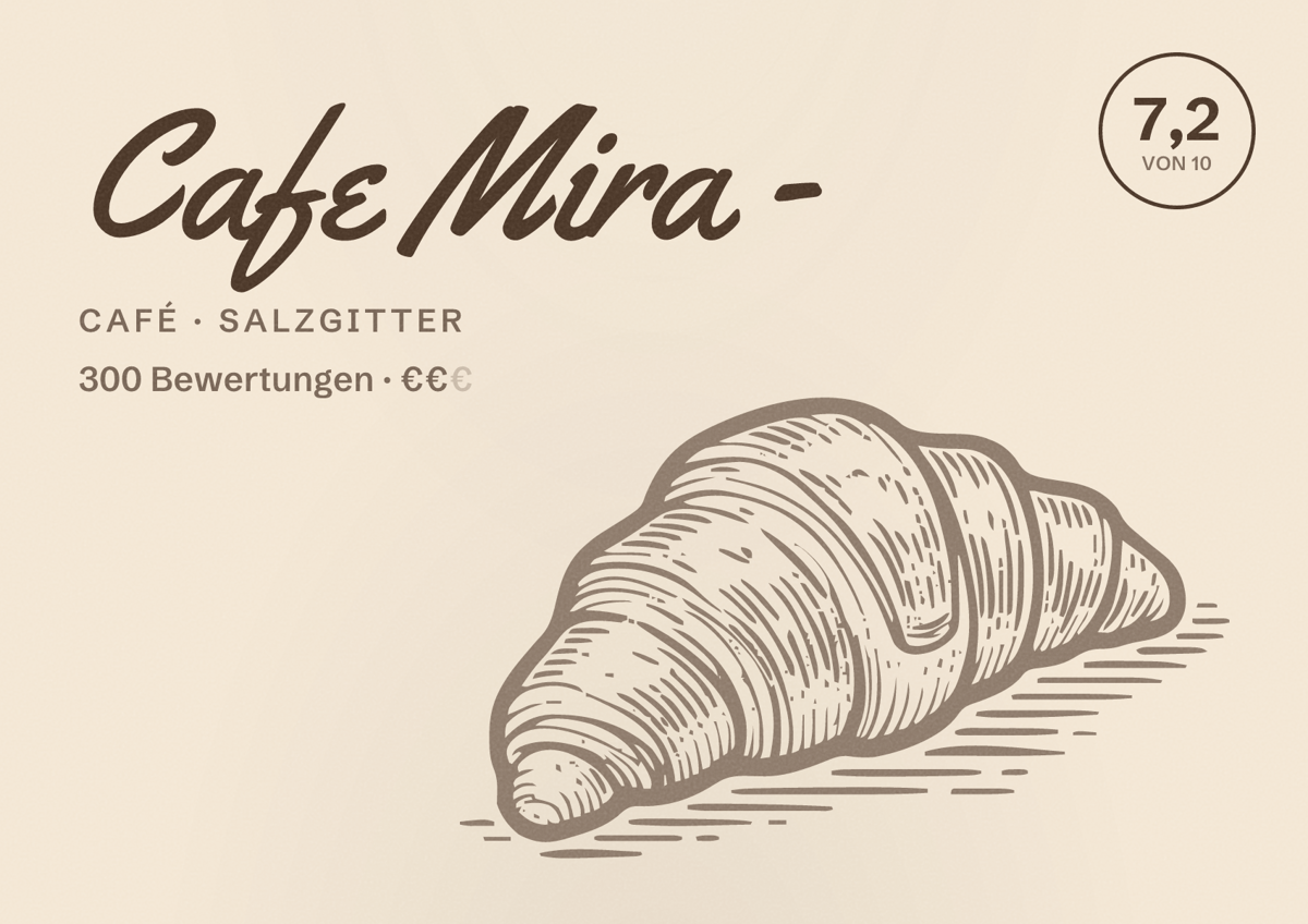 Illustriertes Poster von Cafe Mira -, Café in Salzgitter: Bewertung 7,2 von 10 aus 300 Bewertungen, Preisniveau €€