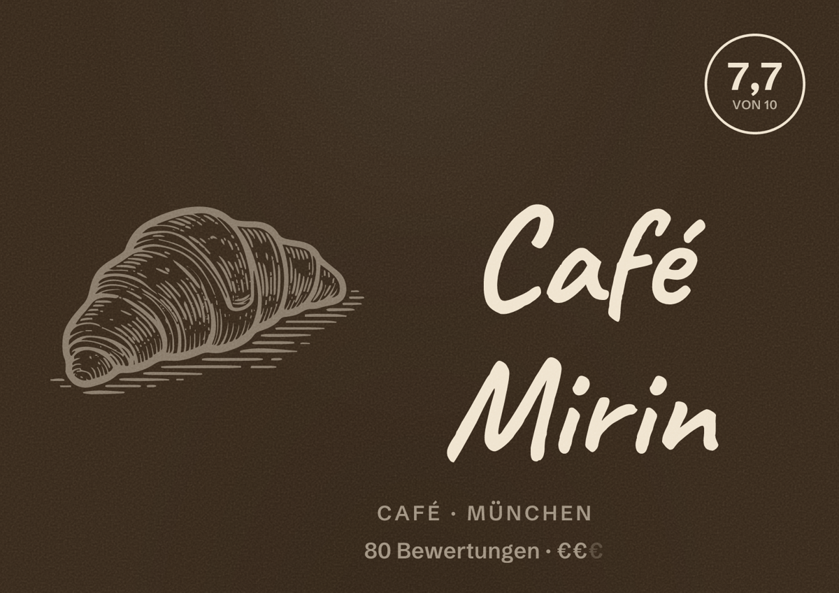 Illustriertes Poster von Café Mirin, Café in München: Bewertung 7,7 von 10 aus 80 Bewertungen, Preisniveau €€