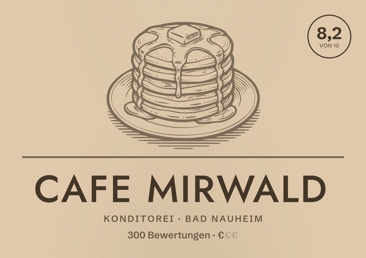 Illustriertes Poster von Cafe Mirwald, Konditorei in Bad Nauheim: Bewertung 8,2 von 10 aus 300 Bewertungen, Preisniveau €