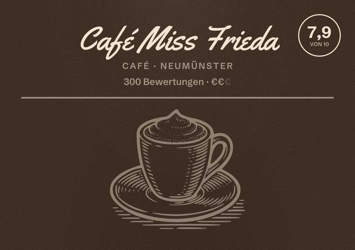 Illustriertes Poster von Café Miss Frieda, Café in Neumünster: Bewertung 7,9 von 10 aus 300 Bewertungen, Preisniveau €€
