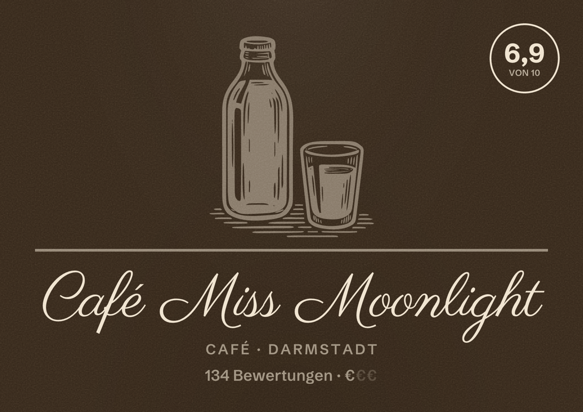Illustriertes Poster von Café Miss Moonlight, Café in Darmstadt: Bewertung 6,9 von 10 aus 134 Bewertungen, Preisniveau €