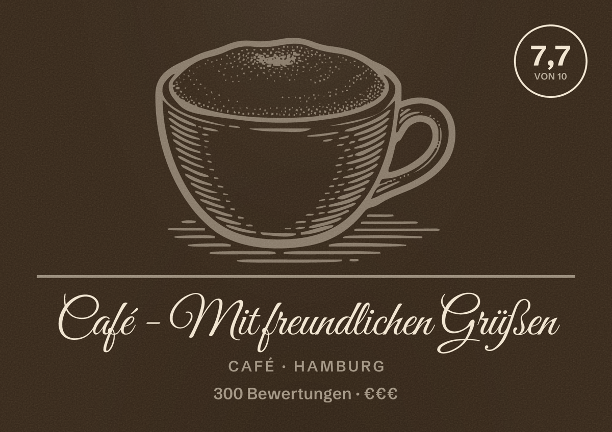 Illustriertes Poster von Café - Mit freundlichen Grüßen, Café in Hamburg: Bewertung 7,7 von 10 aus 300 Bewertungen, Preisniveau €€€