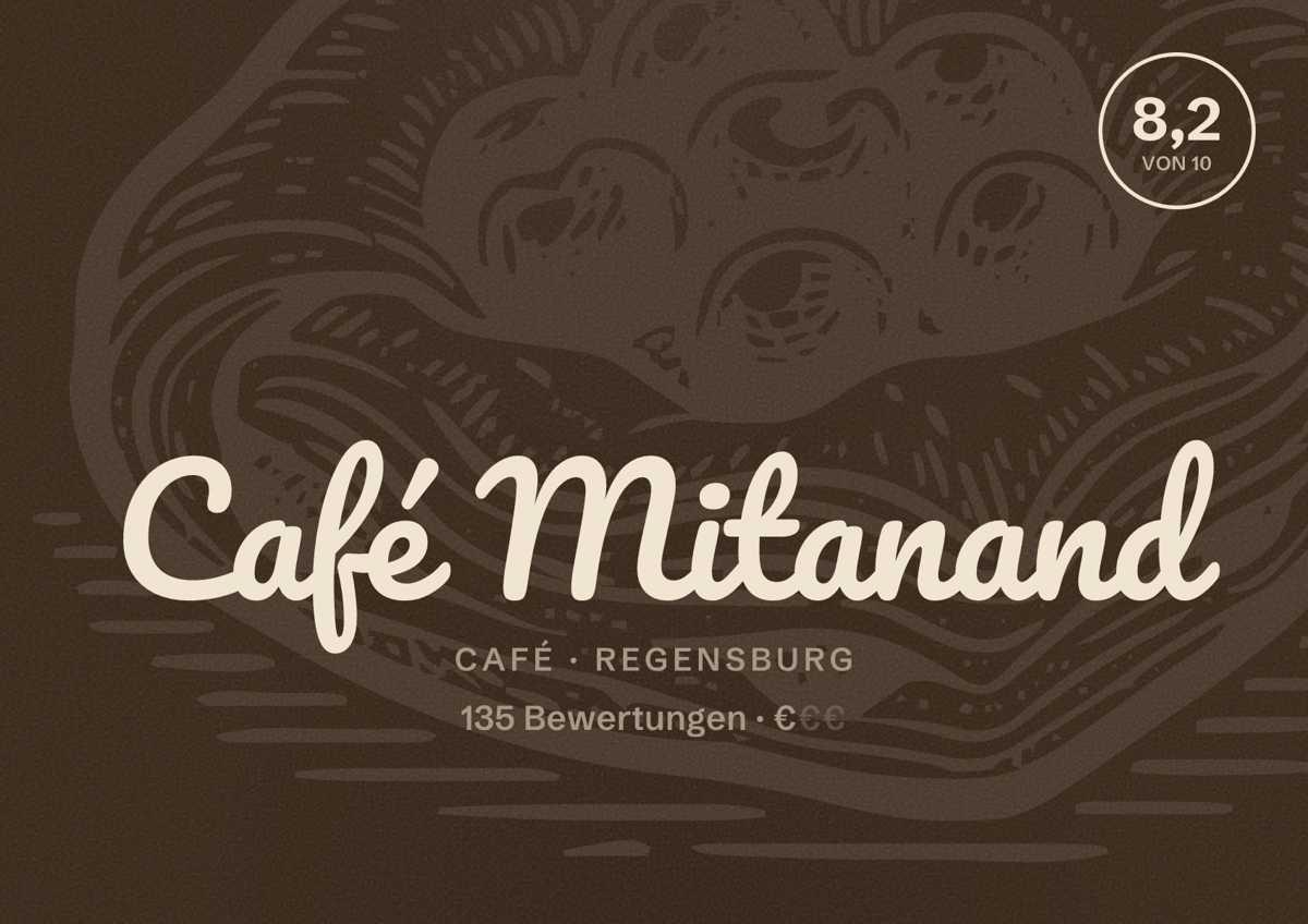 Illustriertes Poster von Café Mitanand, Café in Regensburg: Bewertung 8,2 von 10 aus 135 Bewertungen, Preisniveau €