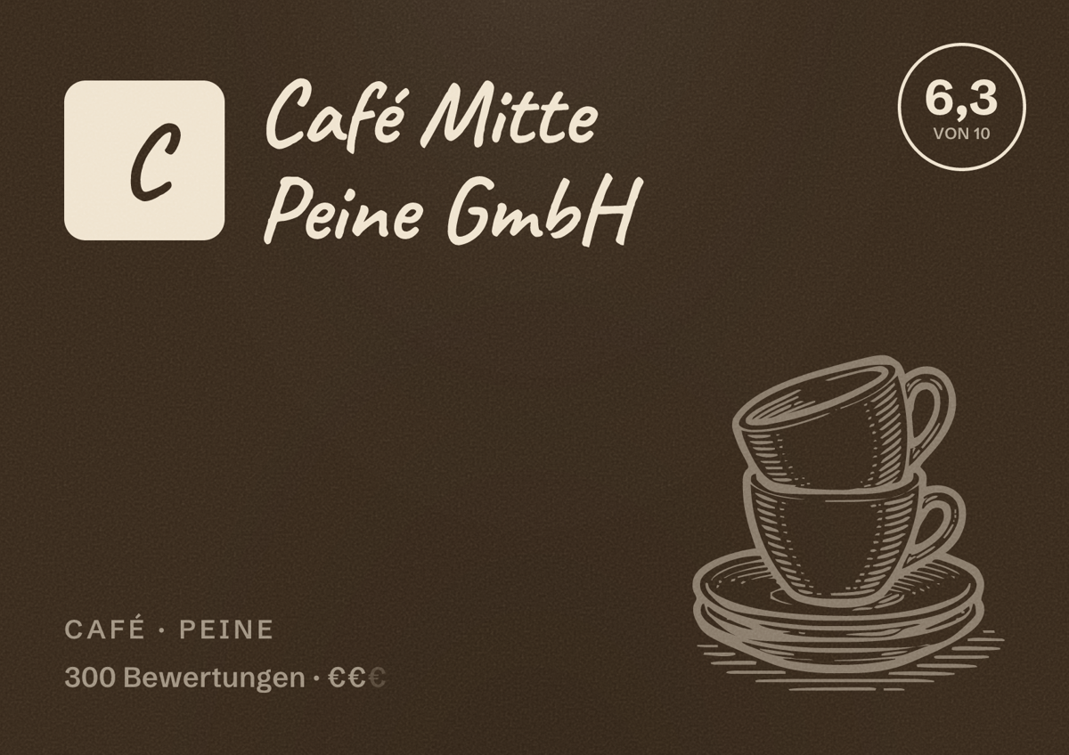 Illustriertes Poster von Café Mitte Peine GmbH, Café in Peine: Bewertung 6,3 von 10 aus 300 Bewertungen, Preisniveau €€