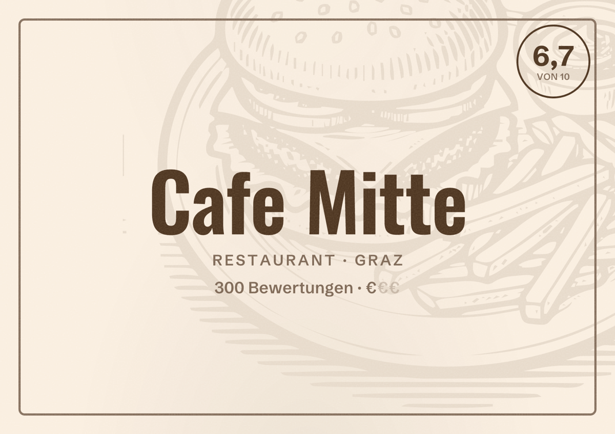 Illustriertes Poster von Cafe Mitte, Restaurant in Graz: Bewertung 6,7 von 10 aus 300 Bewertungen, Preisniveau €