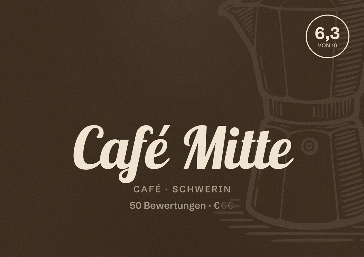 Illustriertes Poster von Café Mitte, Café in Schwerin: Bewertung 6,3 von 10 aus 50 Bewertungen, Preisniveau €