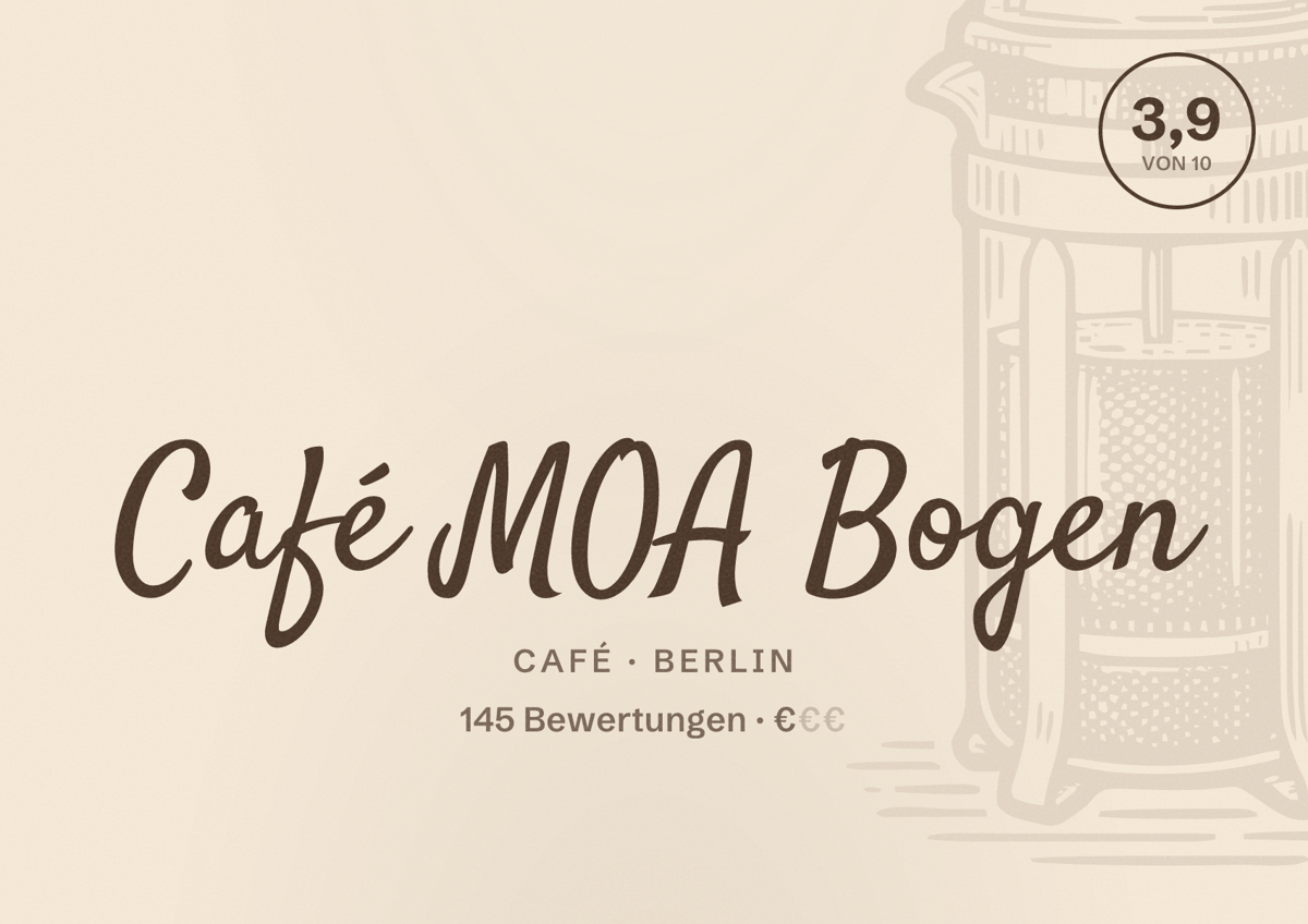 Illustriertes Poster von Café MOA Bogen, Café in Berlin: Bewertung 3,9 von 10 aus 145 Bewertungen, Preisniveau €