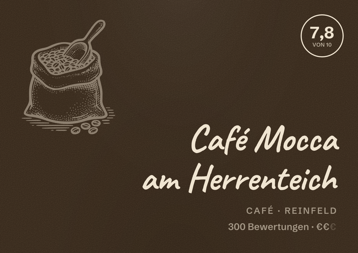 Illustriertes Poster von Café Mocca am Herrenteich, Café in Reinfeld: Bewertung 7,8 von 10 aus 300 Bewertungen, Preisniveau €€