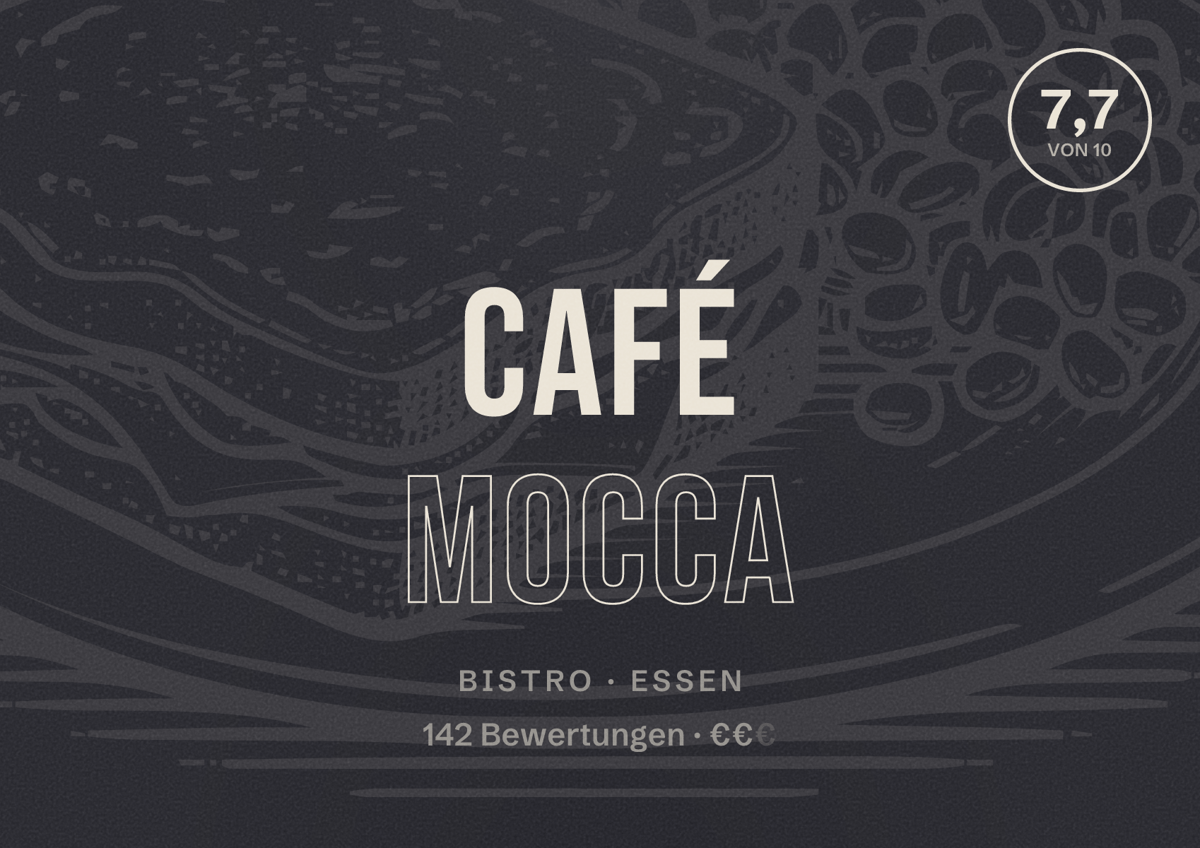 Illustriertes Poster von Café Mocca, Bistro in Essen: Bewertung 7,7 von 10 aus 142 Bewertungen, Preisniveau €€