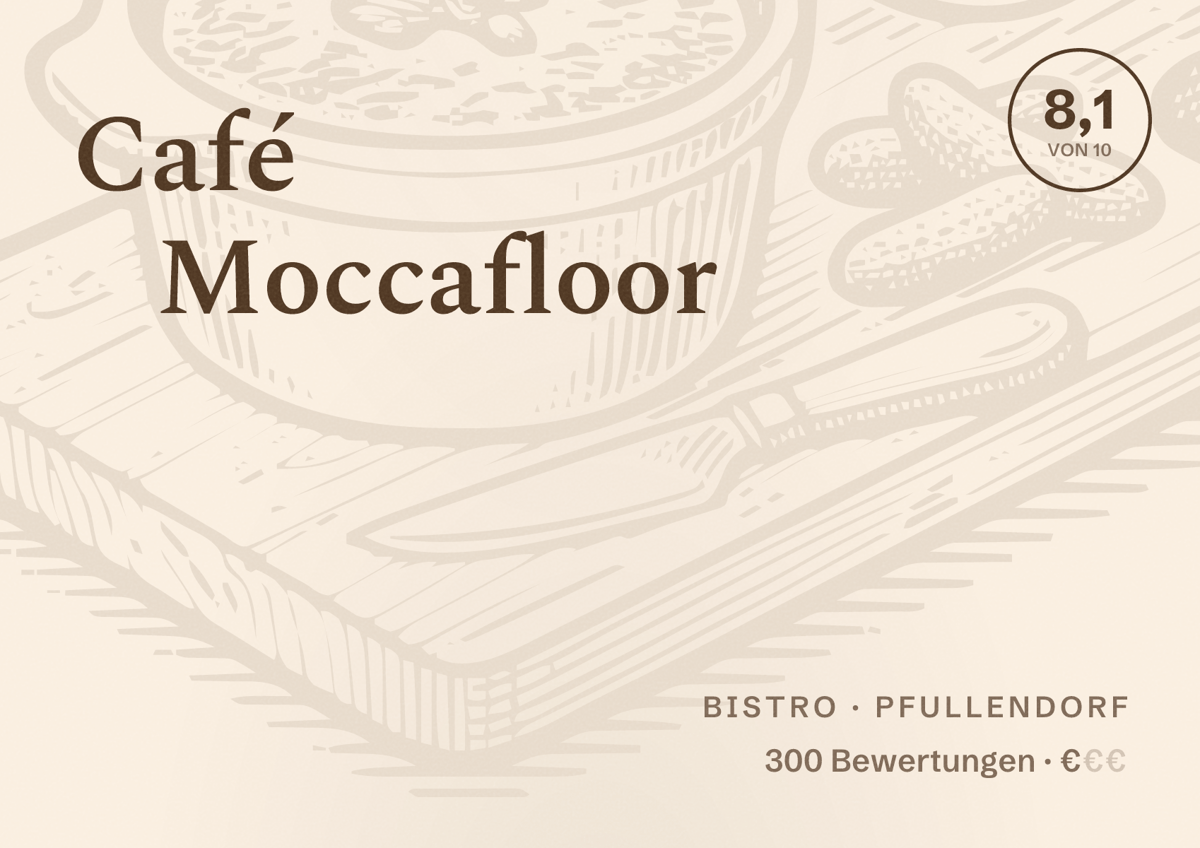 Illustriertes Poster von Café Moccafloor, Bistro in Pfullendorf: Bewertung 8,1 von 10 aus 300 Bewertungen, Preisniveau €