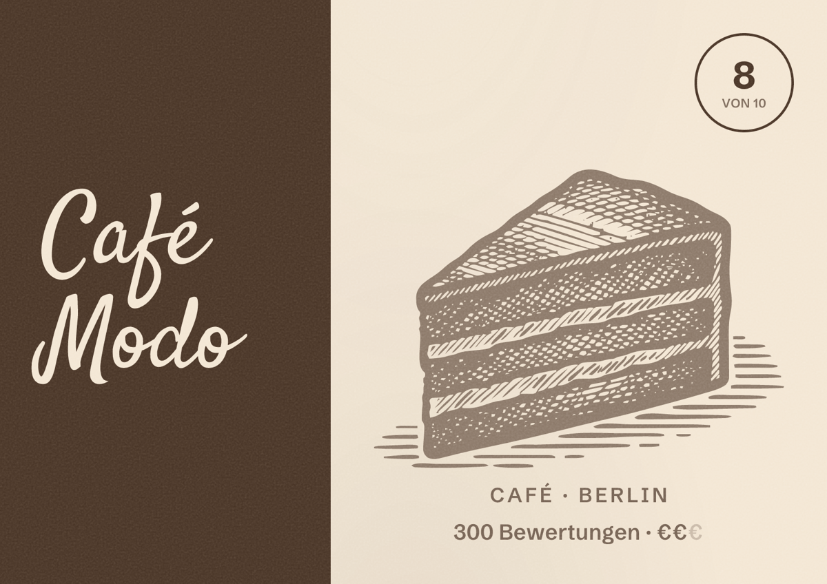 Illustriertes Poster von Café Modo, Café in Berlin: Bewertung 8,0 von 10 aus 300 Bewertungen, Preisniveau €€