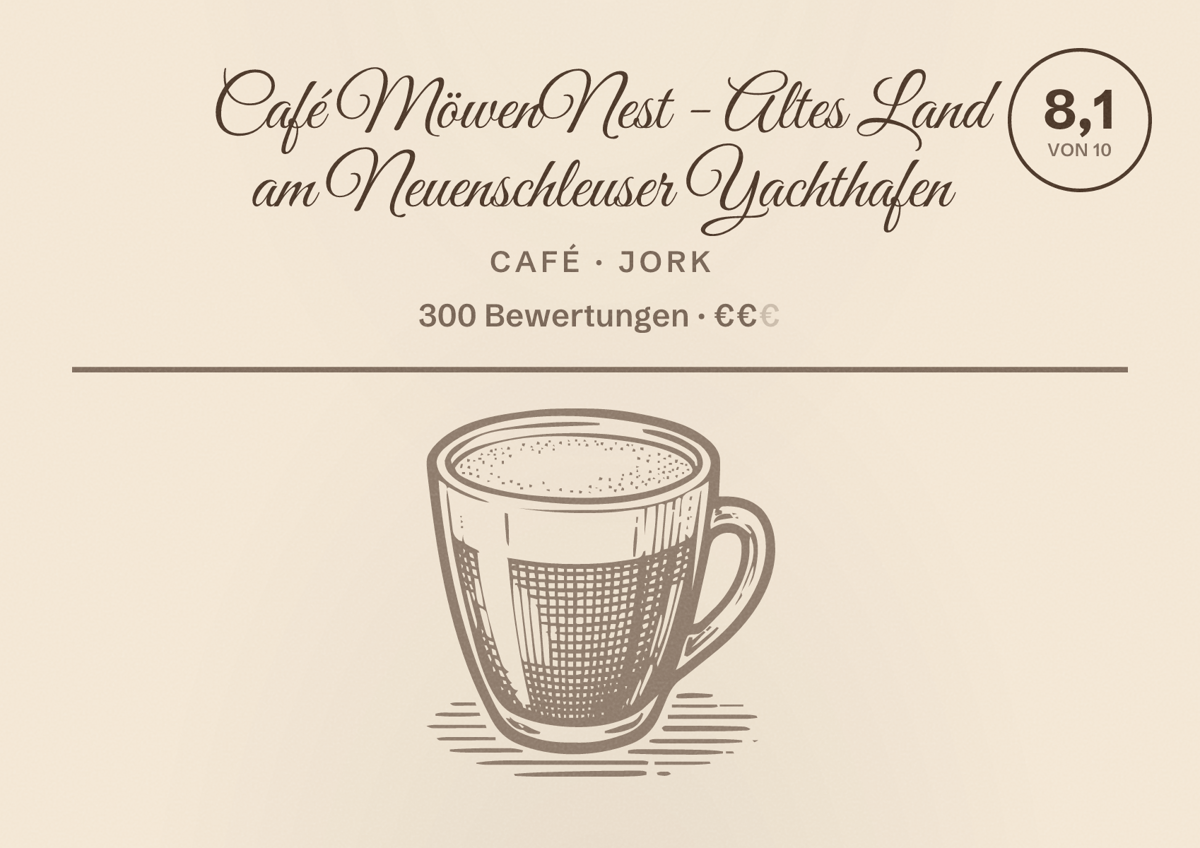 Illustriertes Poster von Café MöwenNest - Altes Land am Neuenschleuser Yachthafen, Café in Jork: Bewertung 8,1 von 10 aus 300 Bewertungen, Preisniveau €€