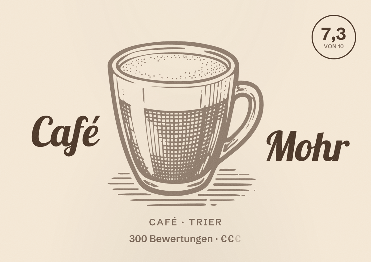 Illustriertes Poster von Café Mohr, Café in Trier: Bewertung 7,3 von 10 aus 300 Bewertungen, Preisniveau €€