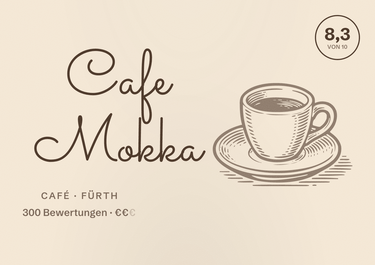 Illustriertes Poster von Cafe Mokka, Café in Fürth: Bewertung 8,3 von 10 aus 300 Bewertungen, Preisniveau €€