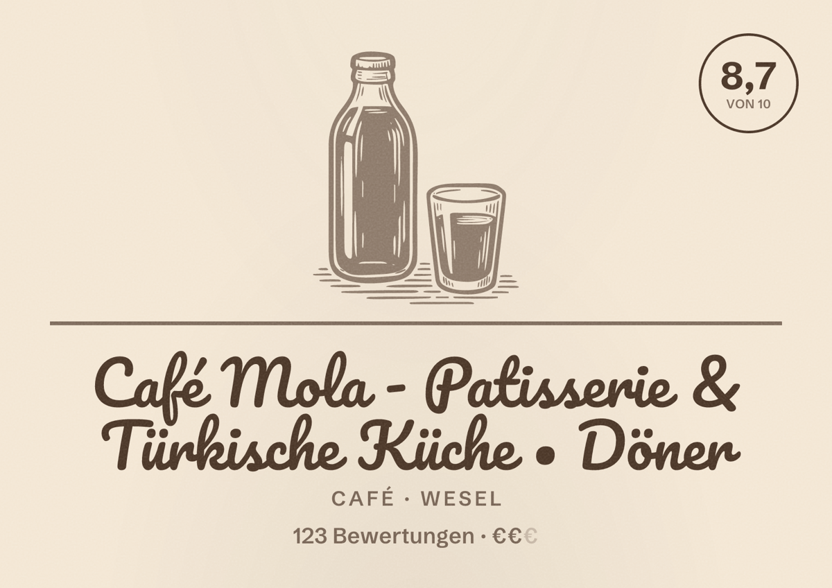 Illustriertes Poster von Café Mola - Patisserie & Türkische Küche • Döner, Café in Wesel: Bewertung 8,7 von 10 aus 123 Bewertungen, Preisniveau €€
