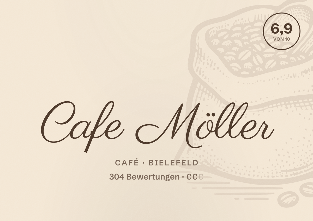 Illustriertes Poster von Cafe Möller, Café in Bielefeld: Bewertung 6,9 von 10 aus 304 Bewertungen, Preisniveau €€