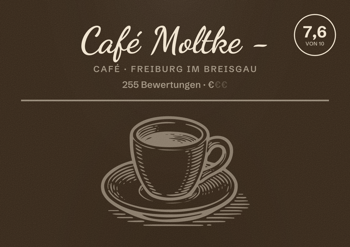 Illustriertes Poster von Café Moltke -, Café in Freiburg im Breisgau: Bewertung 7,6 von 10 aus 255 Bewertungen, Preisniveau €