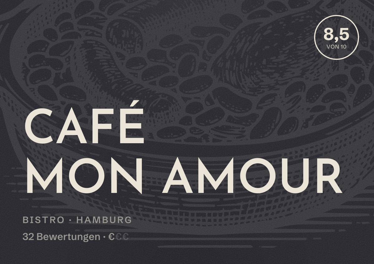 Illustriertes Poster von CAFÉ MON AMOUR, Bistro in Hamburg: Bewertung 8,5 von 10 aus 32 Bewertungen, Preisniveau €