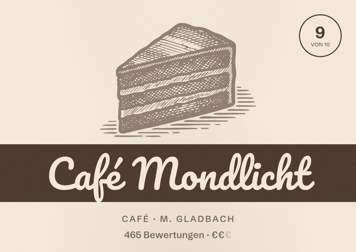 Illustriertes Poster von Café Mondlicht, Café in M. Gladbach: Bewertung 9 von 10 aus 465 Bewertungen, Preisniveau €€