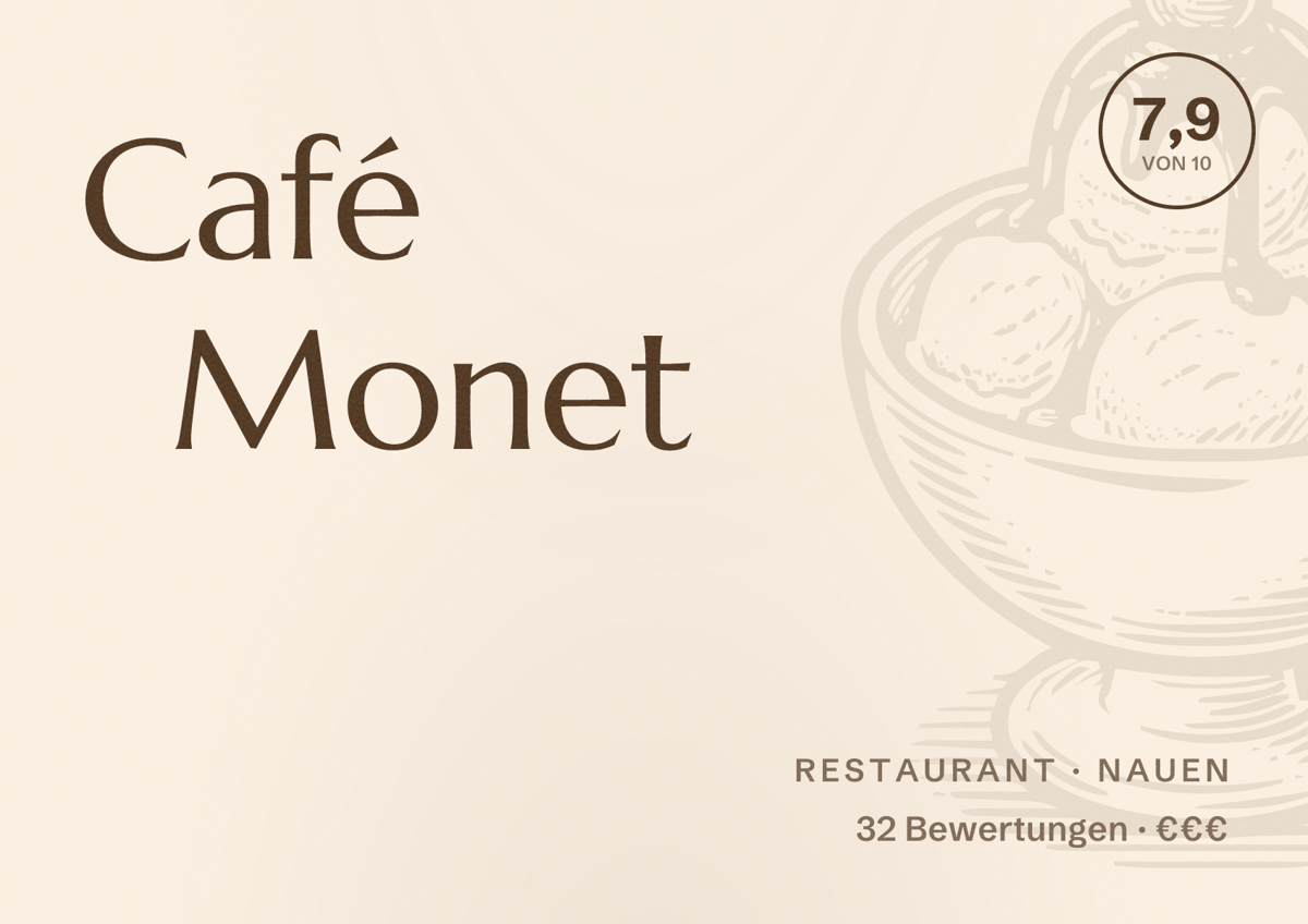 Illustriertes Poster von Café Monet, Restaurant in Nauen: Bewertung 7,9 von 10 aus 32 Bewertungen, Preisniveau €€€