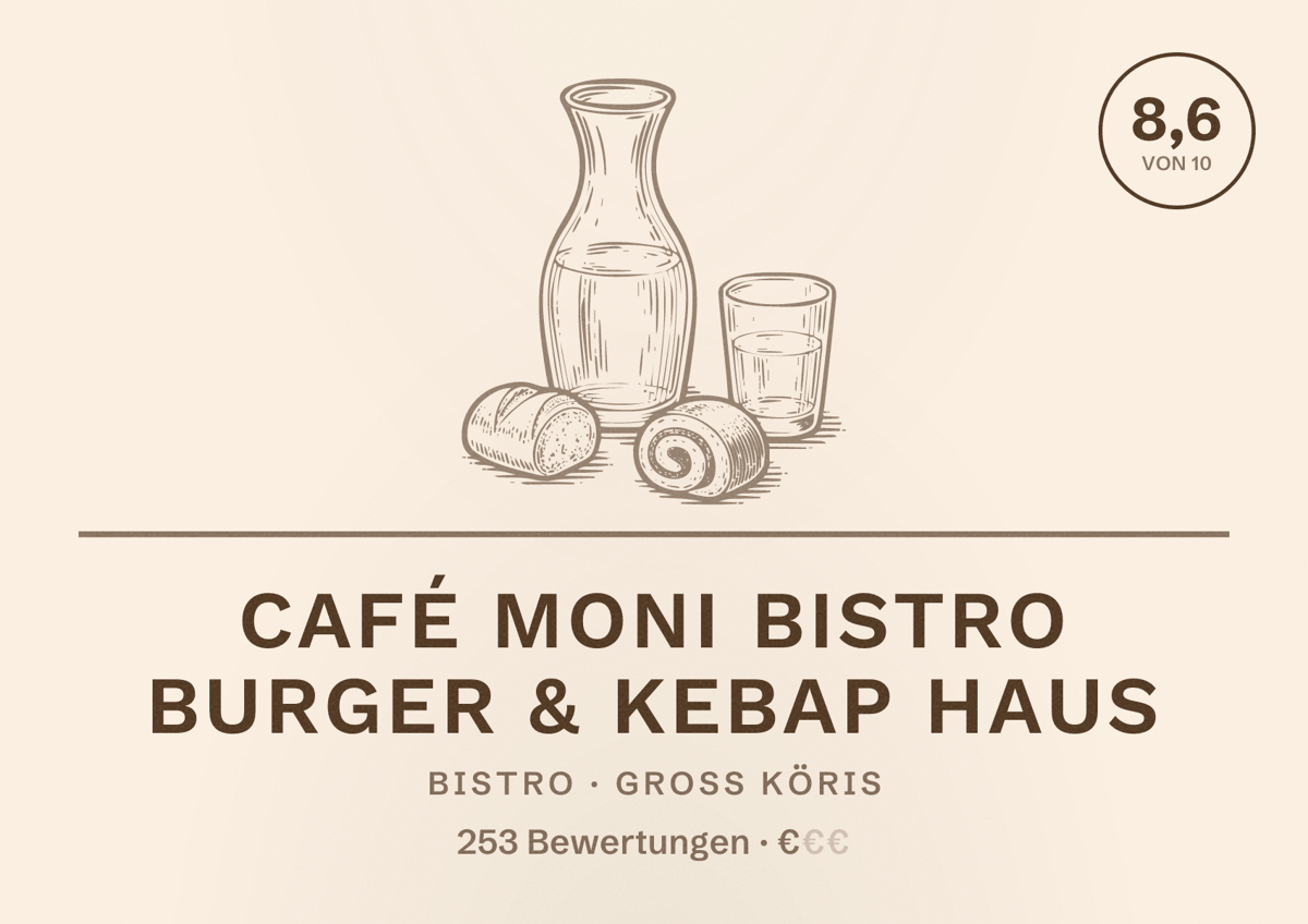 Illustriertes Poster von Café moni bistro burger & kebap Haus, Bistro in Groß Köris: Bewertung 8,6 von 10 aus 253 Bewertungen, Preisniveau €