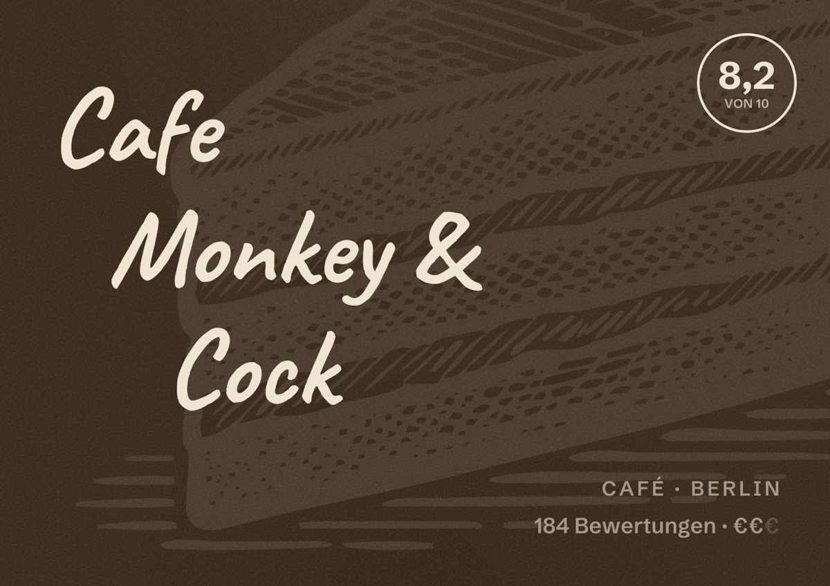 Illustriertes Poster von Cafe Monkey & Cock, Café in Berlin: Bewertung 8,2 von 10 aus 184 Bewertungen, Preisniveau €€