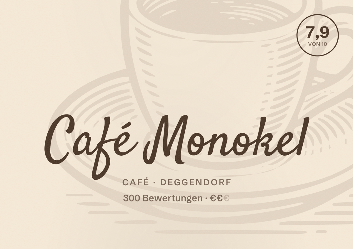 Illustriertes Poster von Café Monokel, Café in Deggendorf: Bewertung 7,9 von 10 aus 300 Bewertungen, Preisniveau €€