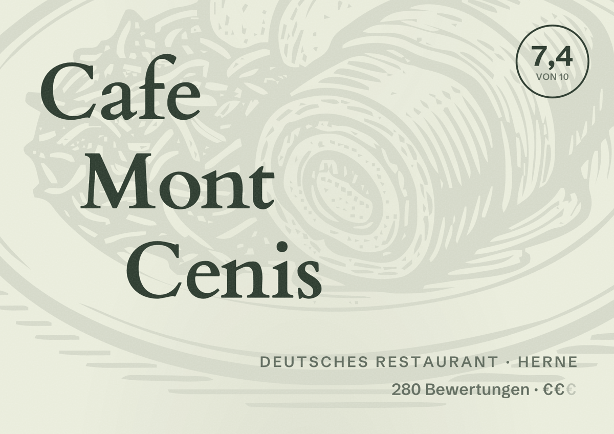Illustriertes Poster von Cafe Mont Cenis, Deutsches Restaurant in Herne: Bewertung 7,4 von 10 aus 280 Bewertungen, Preisniveau €€