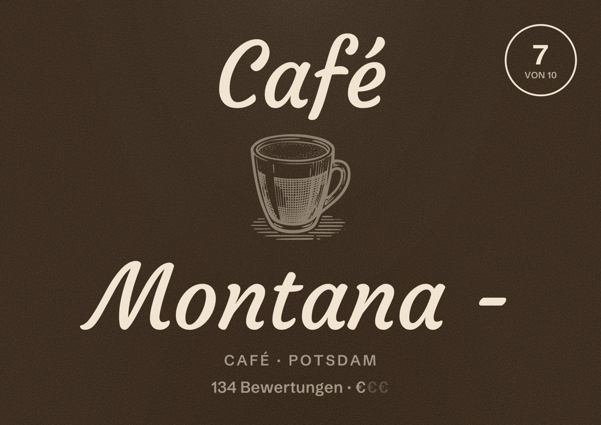 Illustriertes Poster von Café Montana -, Café in Potsdam: Bewertung 7 von 10 aus 134 Bewertungen, Preisniveau €
