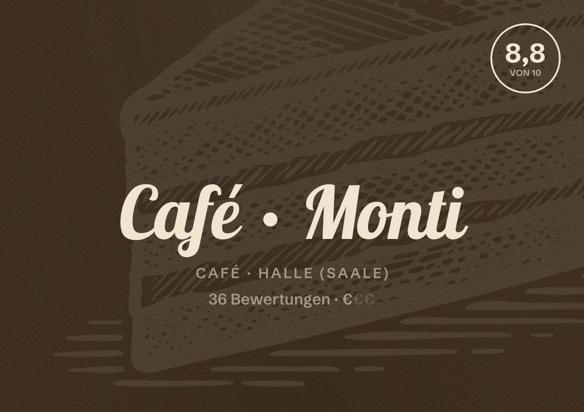 Illustriertes Poster von Café Monti, Café in Halle (Saale): Bewertung 8,8 von 10 aus 36 Bewertungen, Preisniveau €