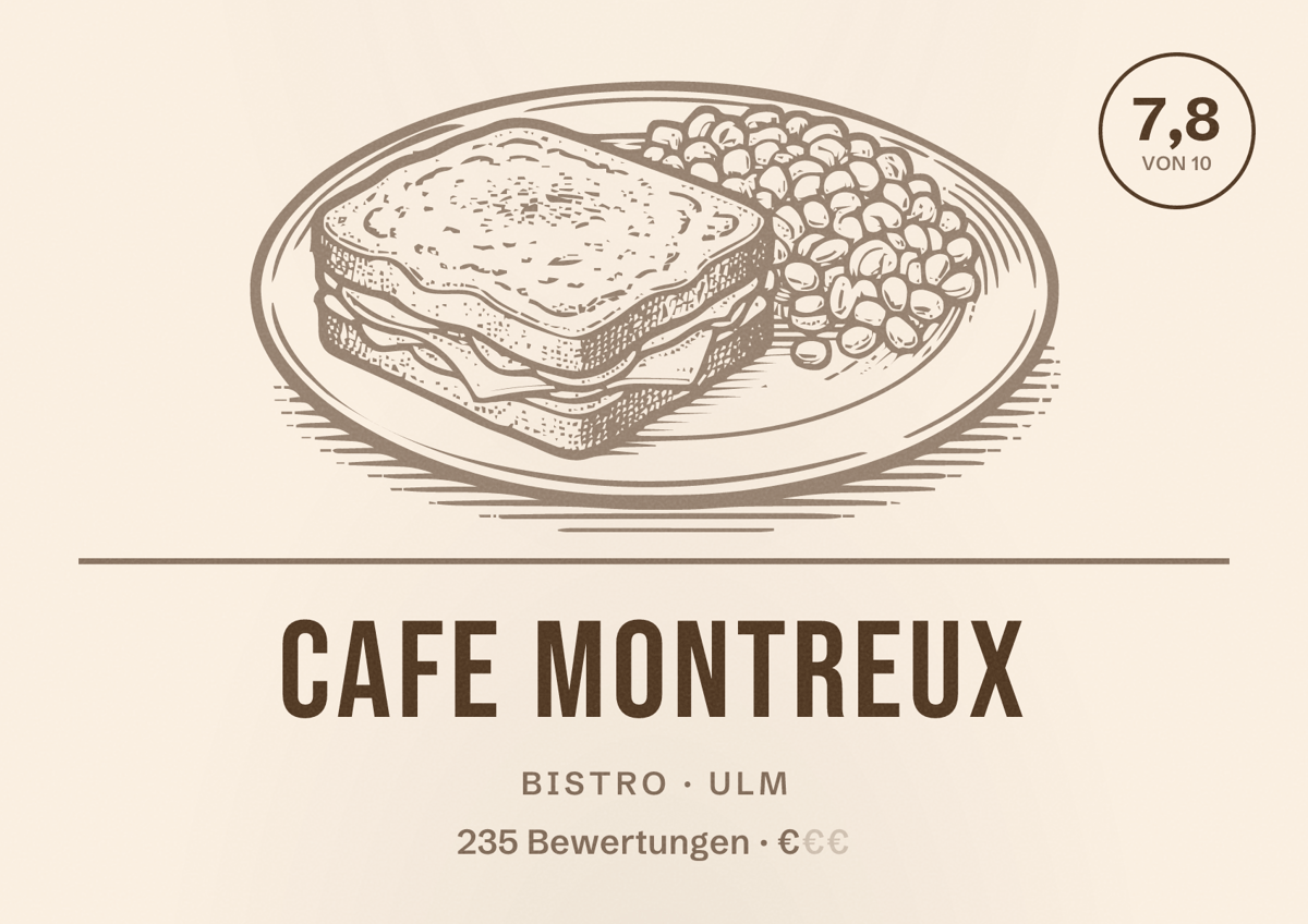 Illustriertes Poster von Cafe Montreux, Bistro in Ulm: Bewertung 7,8 von 10 aus 235 Bewertungen, Preisniveau €