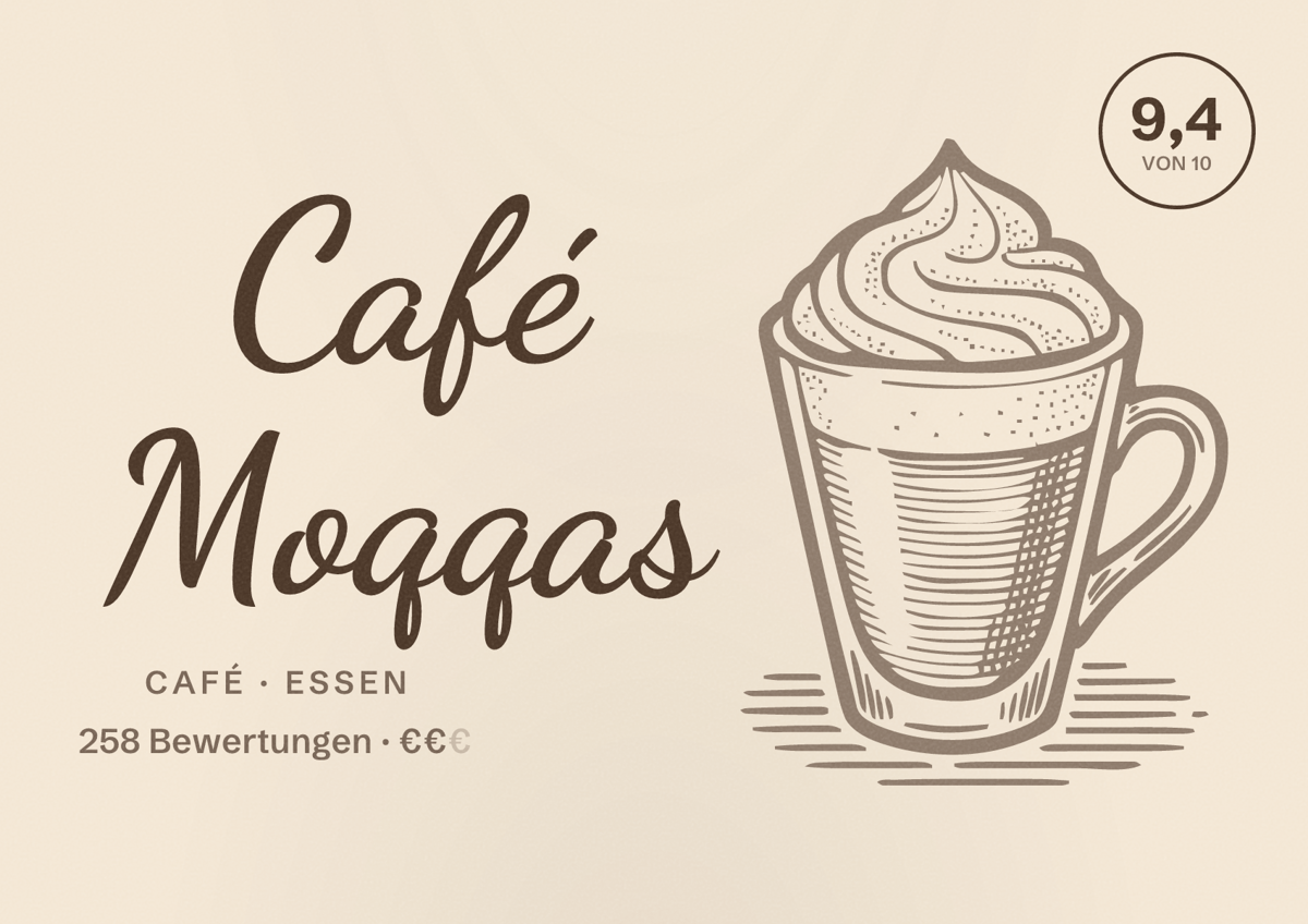 Illustriertes Poster von Café Moqqas, Café in Essen: Bewertung 9,4 von 10 aus 258 Bewertungen, Preisniveau €€