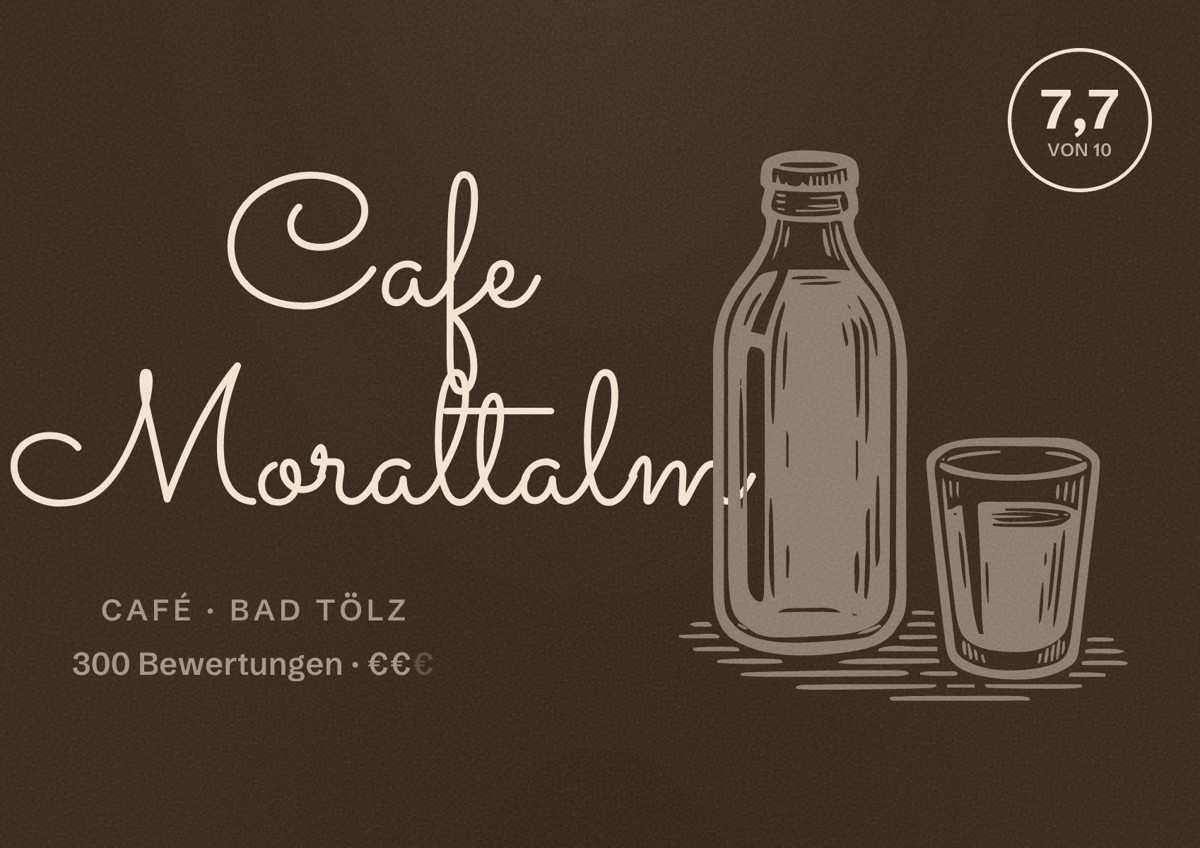 Illustriertes Poster von Cafe Moraltalm, Café in Bad Tölz: Bewertung 7,7 von 10 aus 300 Bewertungen, Preisniveau €€