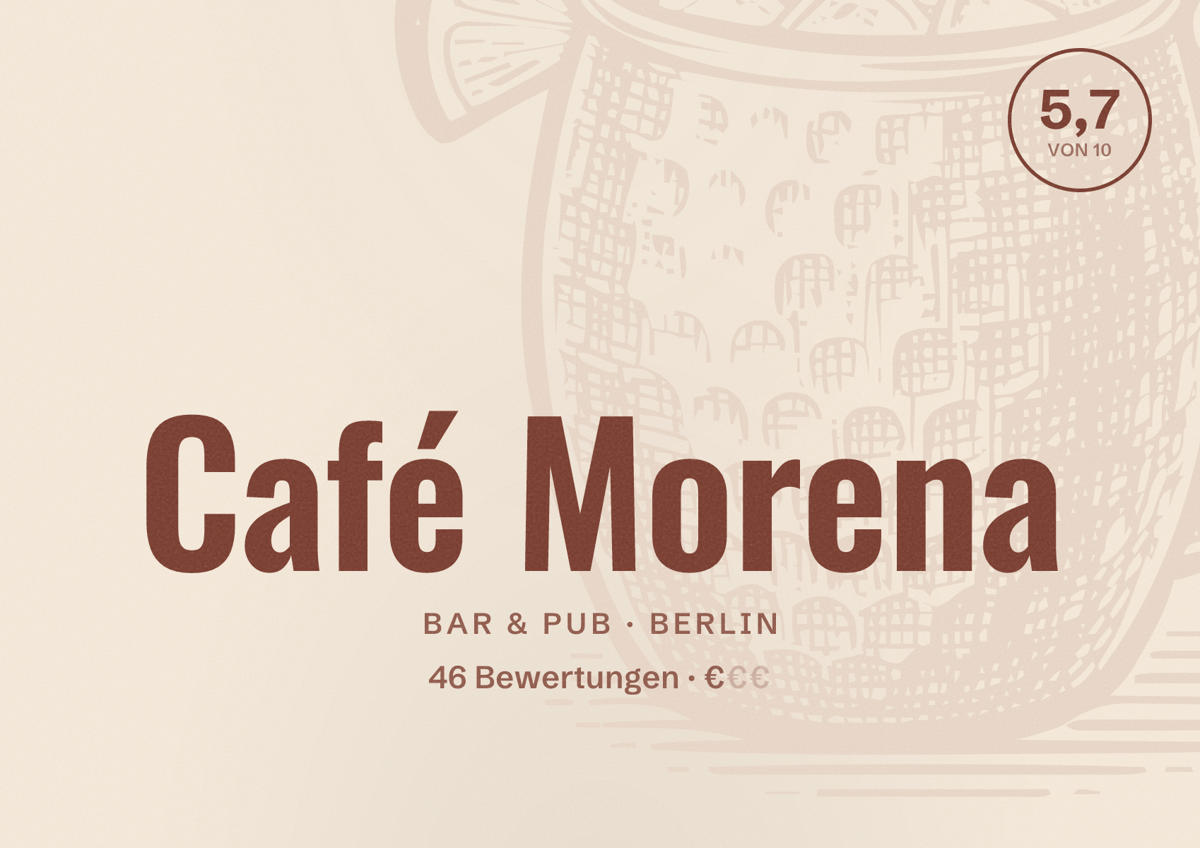 Illustriertes Poster von Café Morena, Bar & Pub in Berlin: Bewertung 5,7 von 10 aus 46 Bewertungen, Preisniveau €