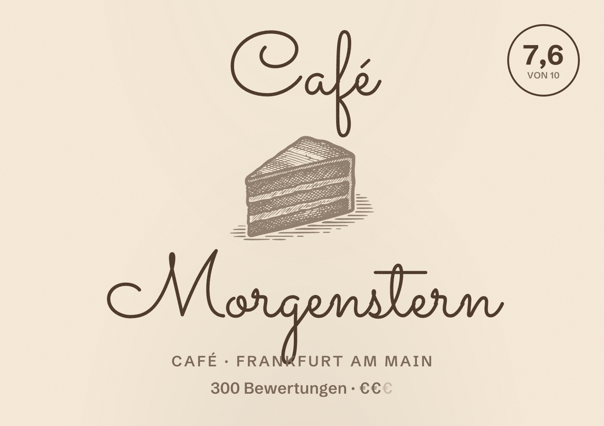 Illustriertes Poster von Café Morgenstern, Café in Frankfurt am Main: Bewertung 7,6 von 10 aus 300 Bewertungen, Preisniveau €€