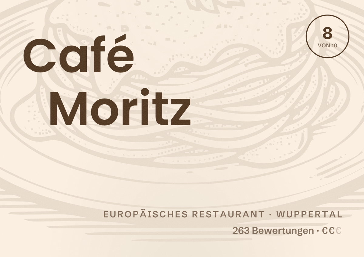 Illustriertes Poster von Café Moritz, Europäisches Restaurant in Wuppertal: Bewertung 8 von 10 aus 263 Bewertungen, Preisniveau €€